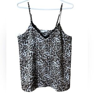 Vintage Pink Rose Y2K Leopard Print Black Lace Trim Cami Large Glam Party Top